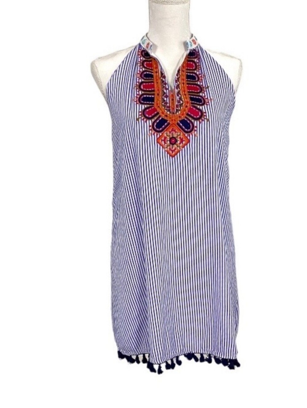 THML Anthropologie Brand Embroidered Navy Stripe Halter Dress - Blue - Picture 2 of 5